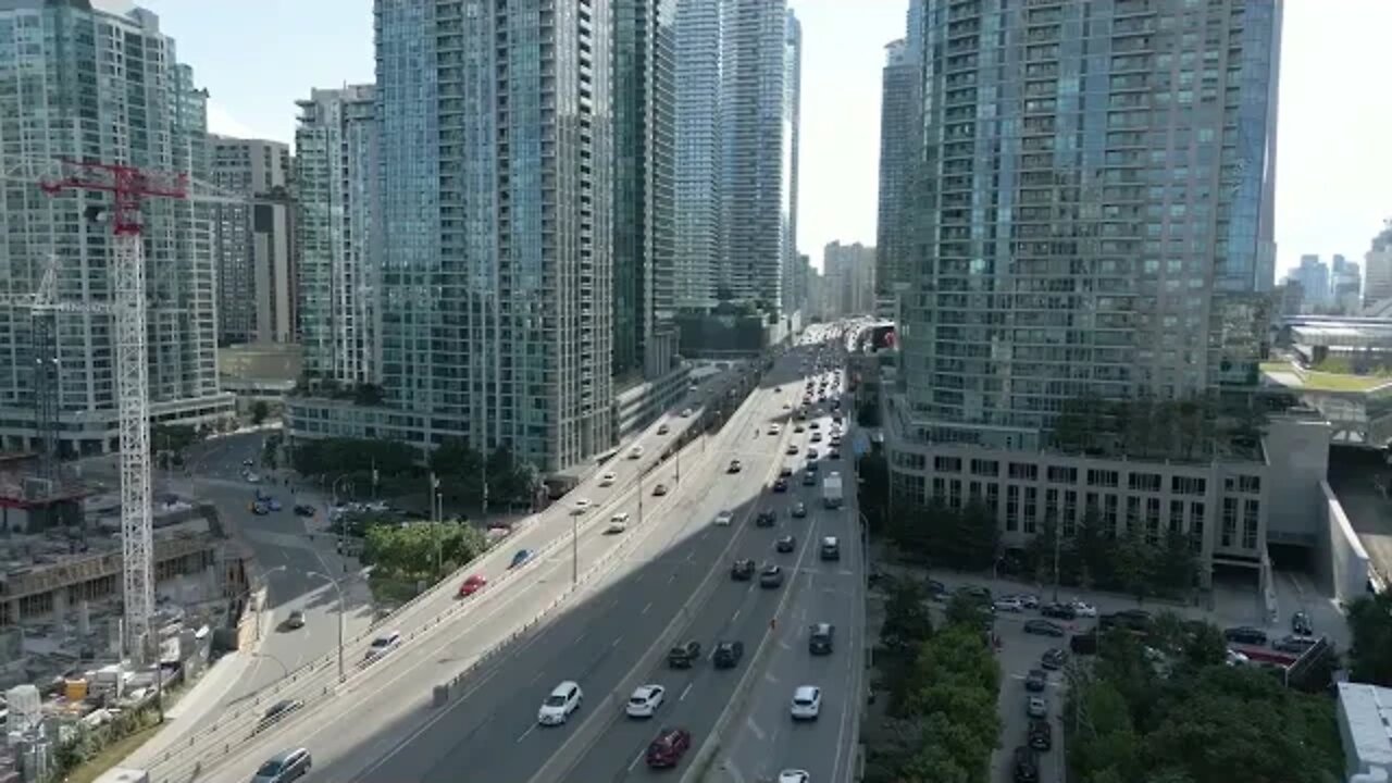 Traffic on a Highway in Downtown Toronto (Drone Footage)