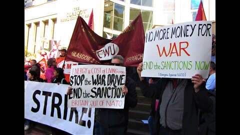 Stop Sanctions signs at Glasgow strike rally