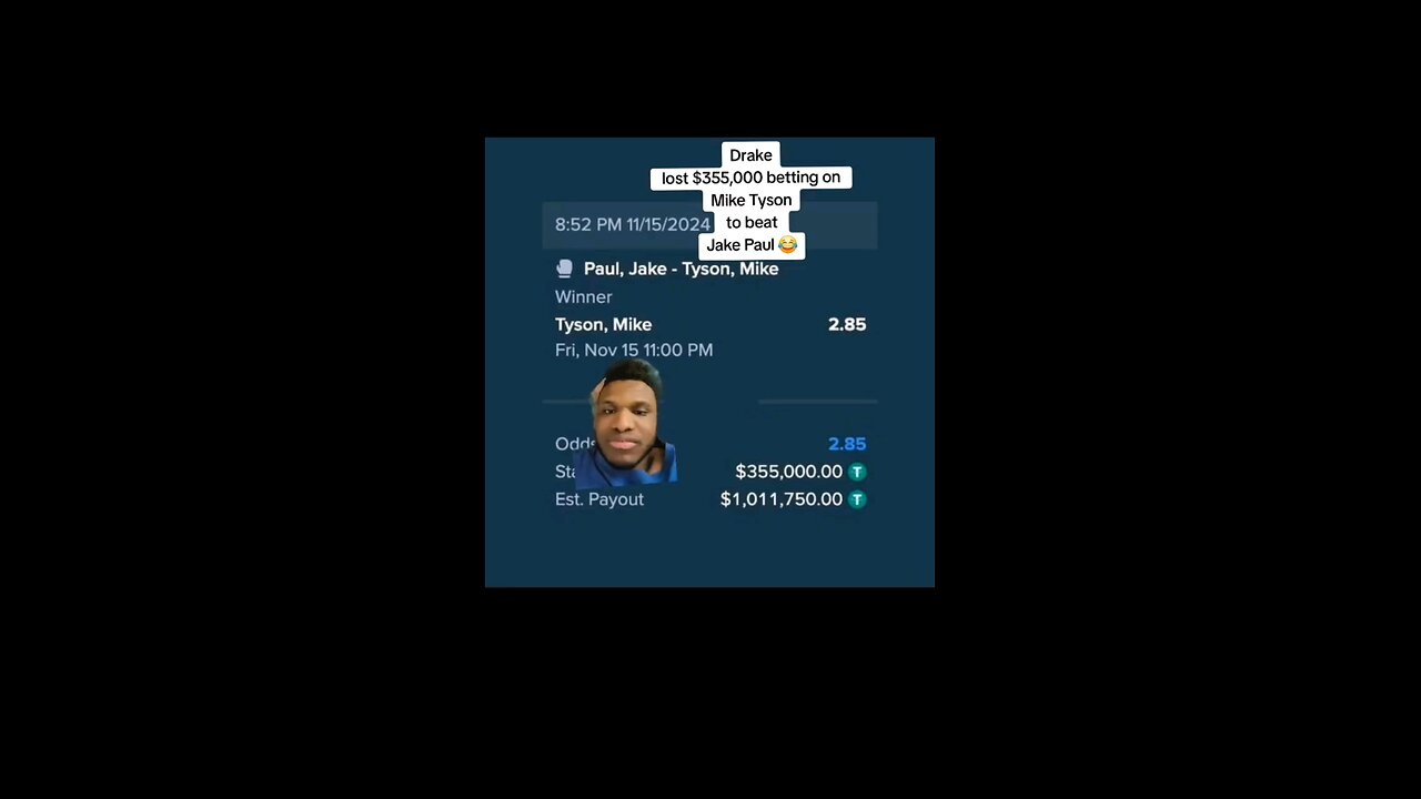 Drake lost $355K betting that 58 year old Mike Tyson will beat 27 year old Jake Paul😂