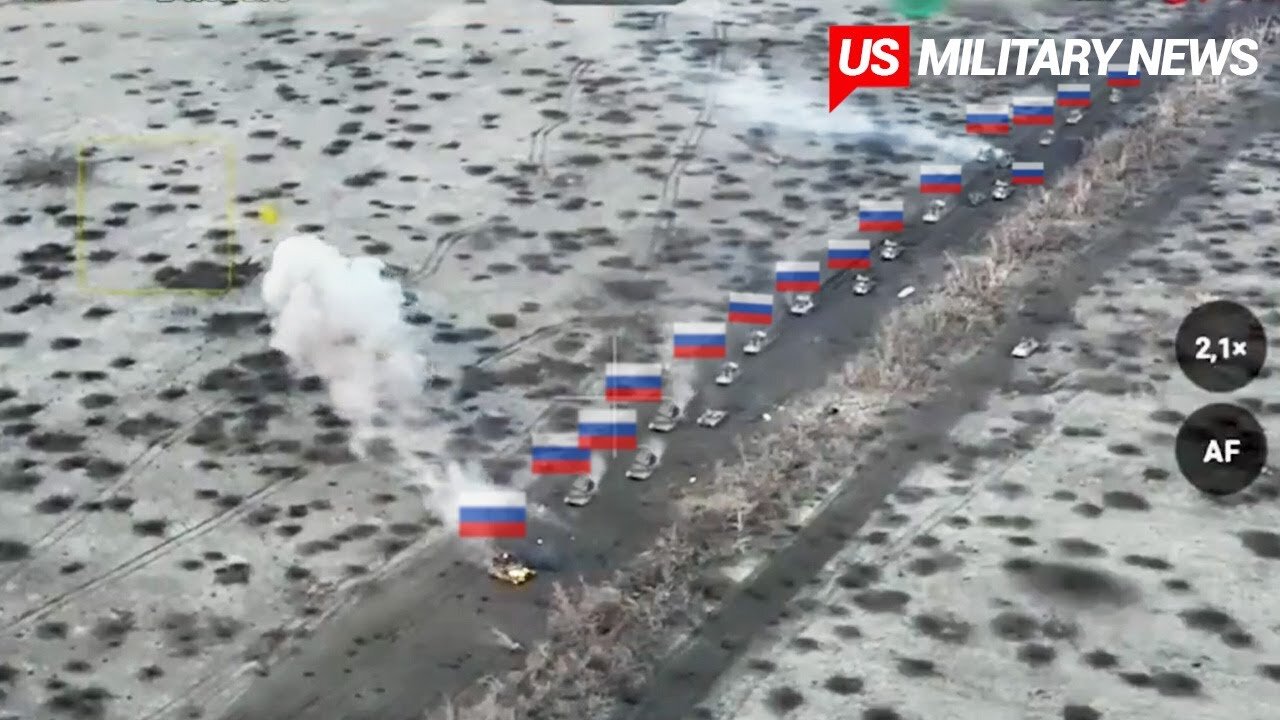 Horrifying Moments! How Ukrainian Drones Ambush and Annihilate Column of Russia Tanks