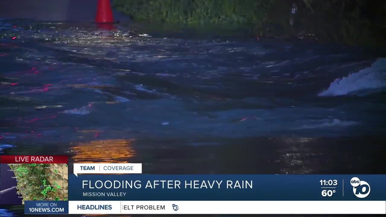 Heavy Rain causes San Diego River to overflow in Mission Valley