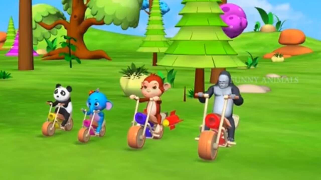 Funny Animals Super Wooden Bike Racing at Jungle Cow, Monkey, Gorilla, Elephant | Animal Cartoons