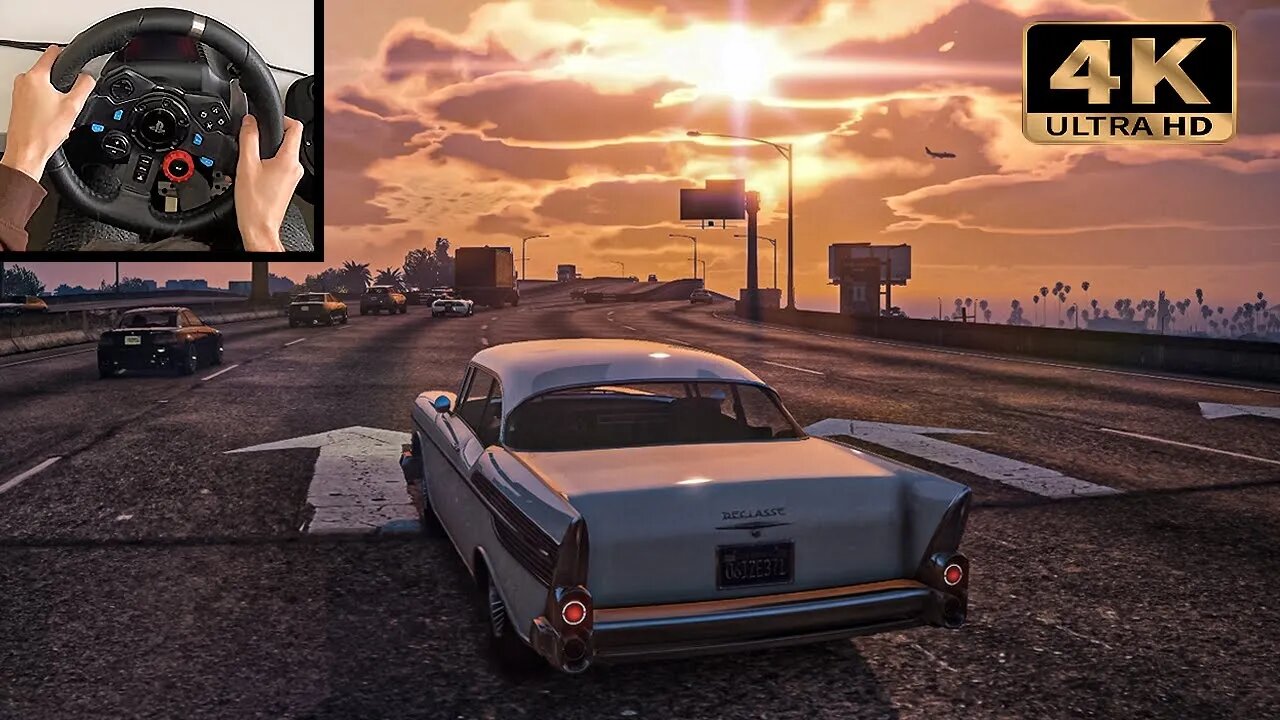 MOST BEAUTIFUL SUNSET in GTA 5 | Classic car ride | Logitech G29 Gameplay | 4K