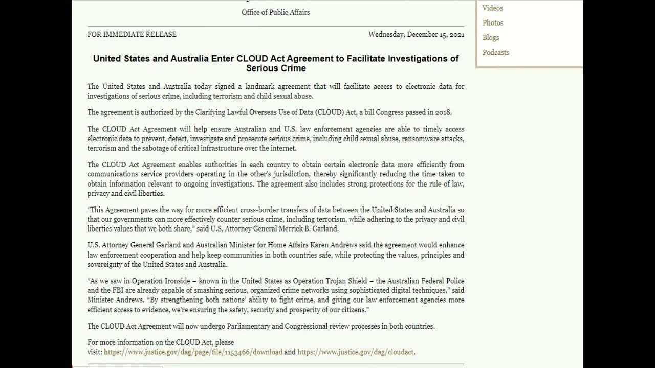 美國司法部和澳大利亞內政部簽署云協議保障公民自由和打擊有組織嚴重犯罪