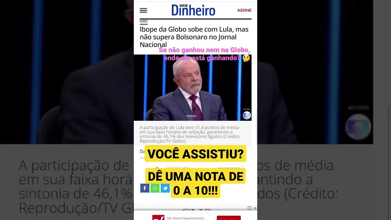 BOLSONARO VENCE LULA NO IBOPE DA GLOBO. AVALIE A PERFORMANCE DO LULA NA SABATINA DO JORNAL NACIONAL