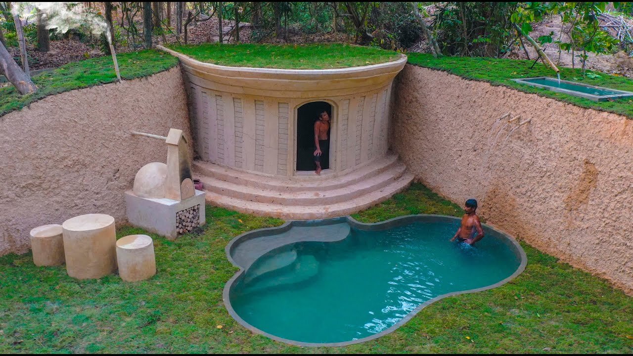 30 Days Building A Modern Underground Hut With A Grass Roof And A Swimming Pool