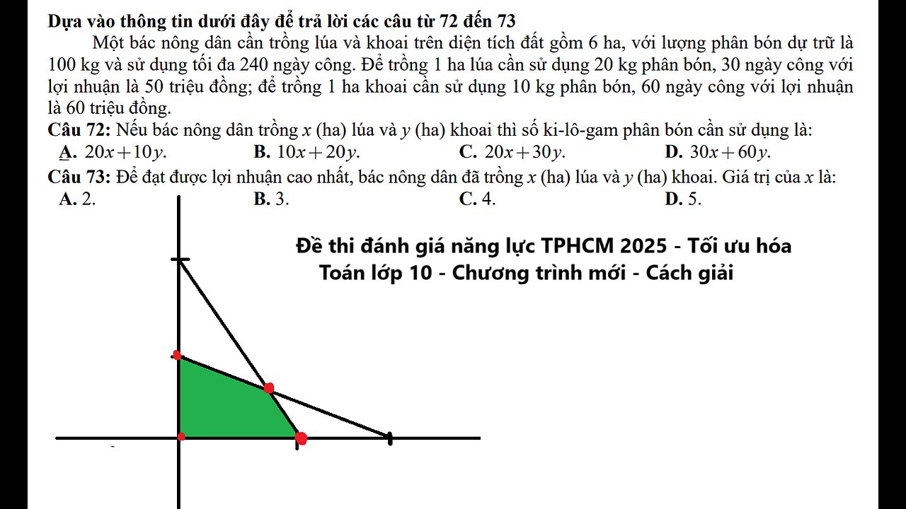 Đề thi đánh giá năng lực TPHCM 2025: Một bác nông dân cần trồng lúa và khoai trên diện tích đất gồm