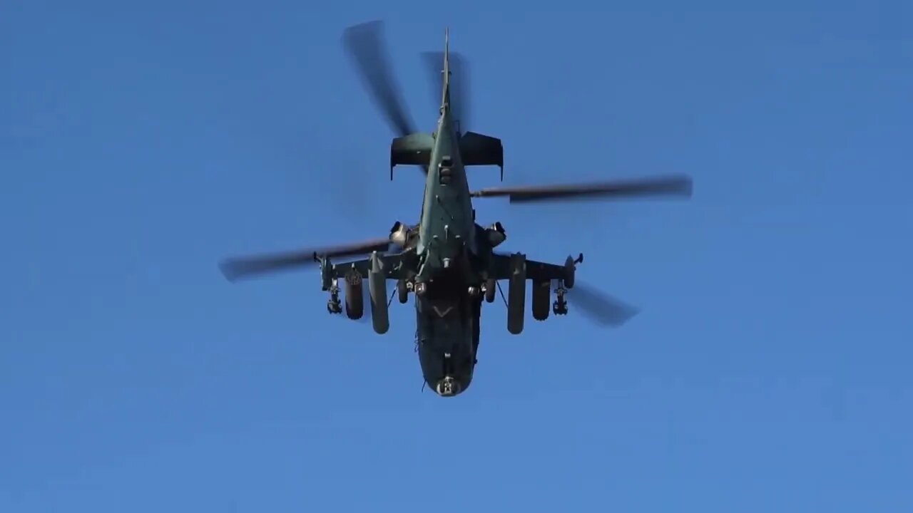 Pair Of Russian Ka-52 Helicopters Destroying Military Equipment