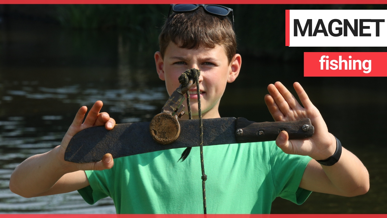 Schoolboy reels in huge arsenal of weapons after taking up magnet fishing as a hobby