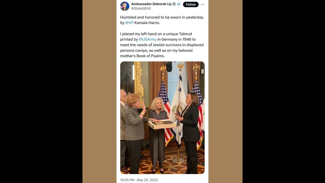 (May 2022) VP Kamala Harris SWEARS-IN Ambassador Deborah Lipstadt with the TALMUD!!👀
