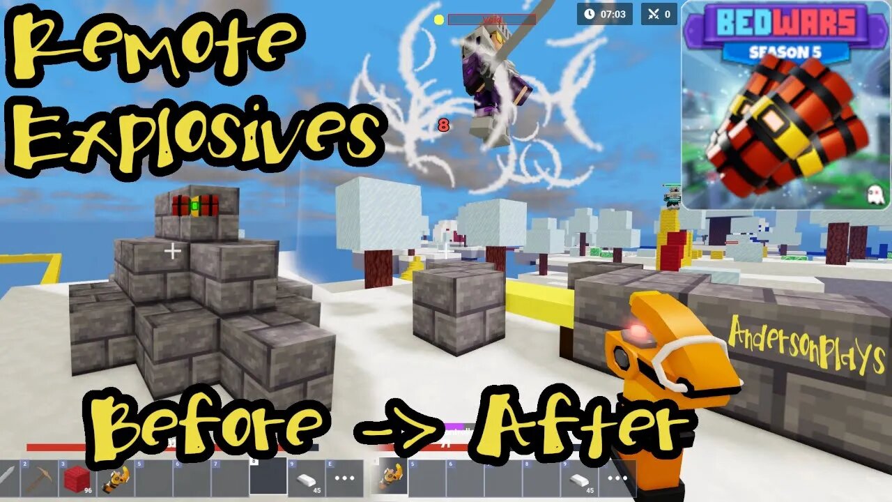 AndersonPlays Roblox BedWars 💥 [REMOTE EXPLOSIVES!] Update - Romote Explosives + Volley Enchant