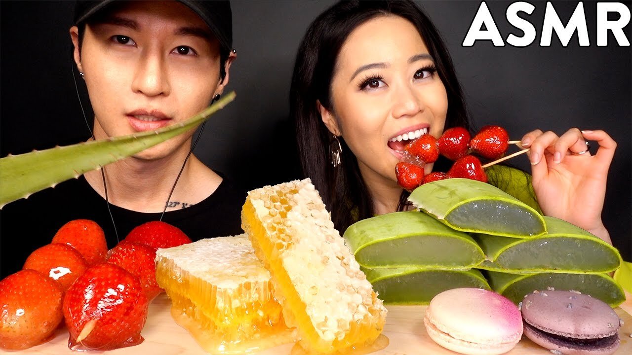 MOST_POPULAR_FOOD_FOR_ASMR_with_STEPHANIE_SOO__Honeycomb,_Aloe_Vera,_Tanghulu,_Macarons