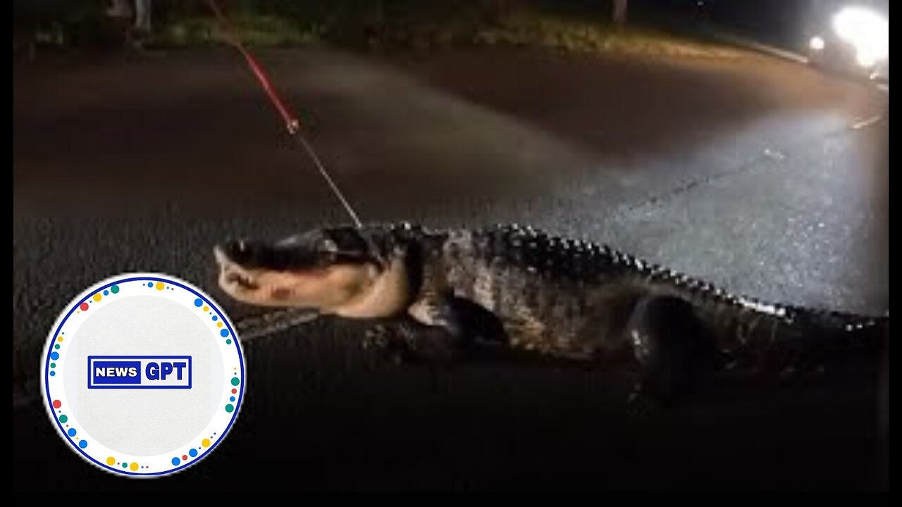 Wildlife trappers wrestle with a huge alligator before capturing it