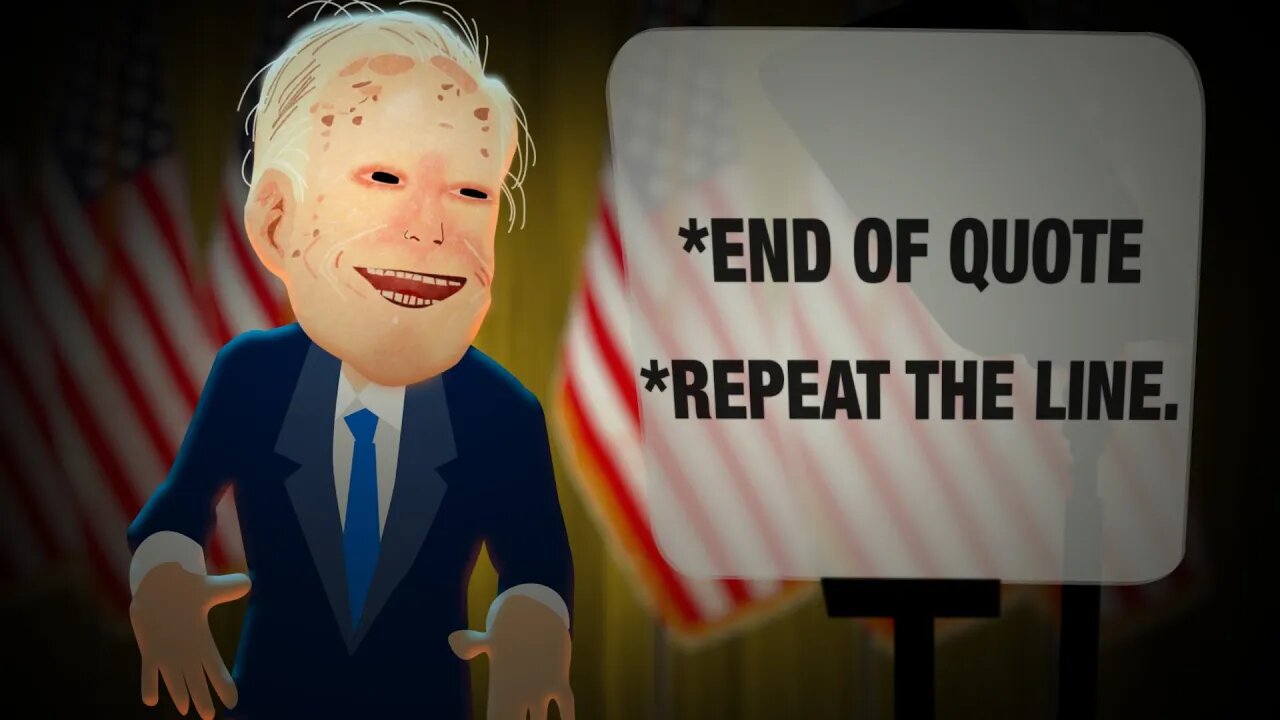 Joe Biden Teleprompter Fail Cartoon Meme, Ron Burgundy Style - End of Quote, Repeat the Line