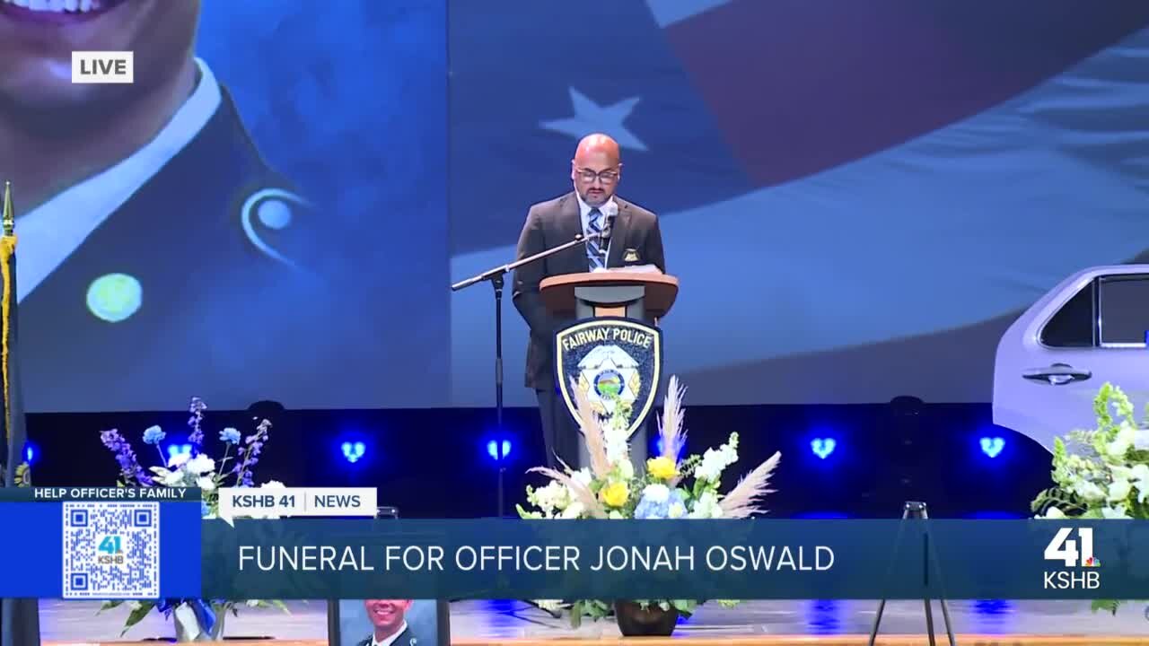 Garden City Police Chaplain, pastor Nathan Sheridan addresses community at funeral for Fairway police officer Jonah Oswald
