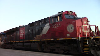 CN 3241 100 Anniversary & GECX 2038 Engines Intermodal Train Westbound In Ontario