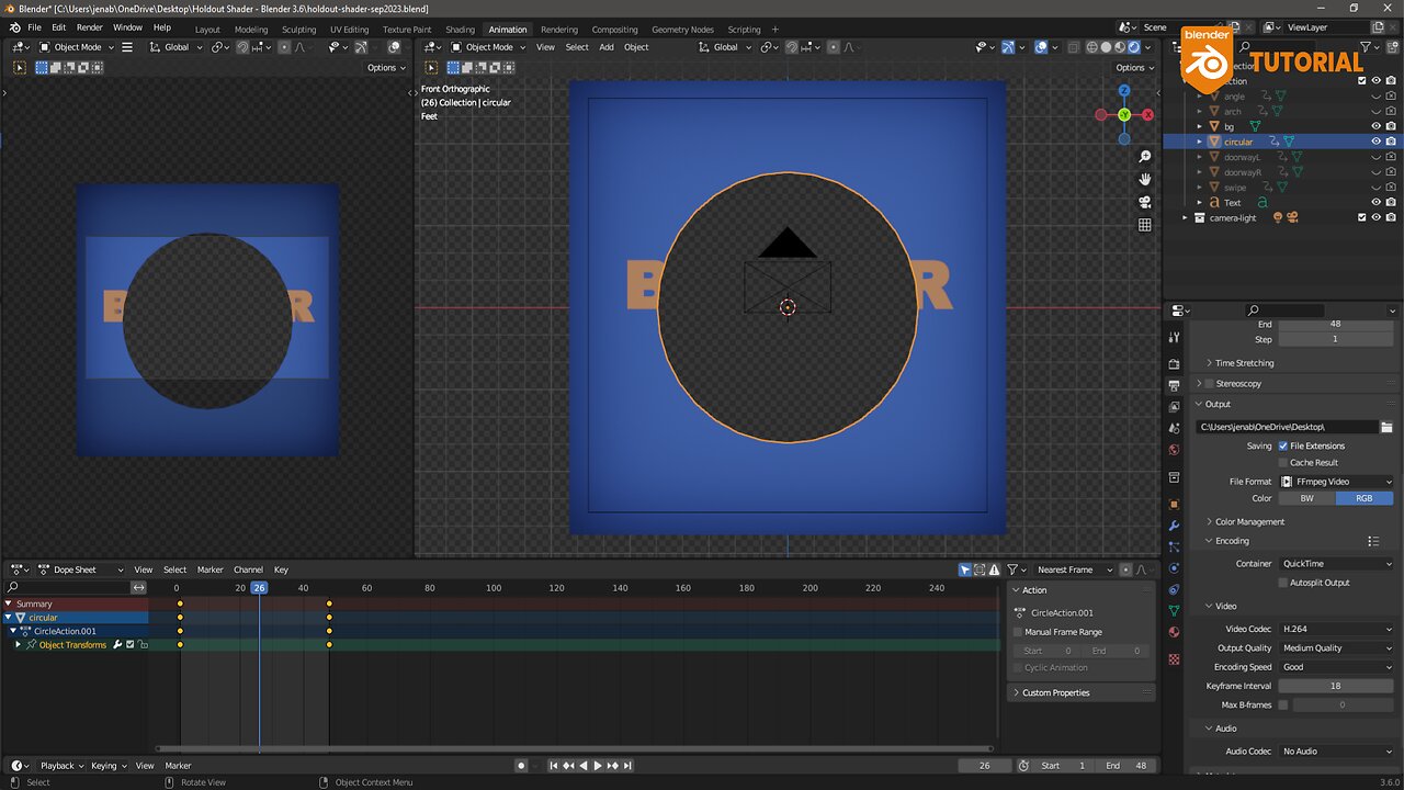 How to make 5 video transitions using the Holdout Modifier in Blender 3.6 #animation #mograph