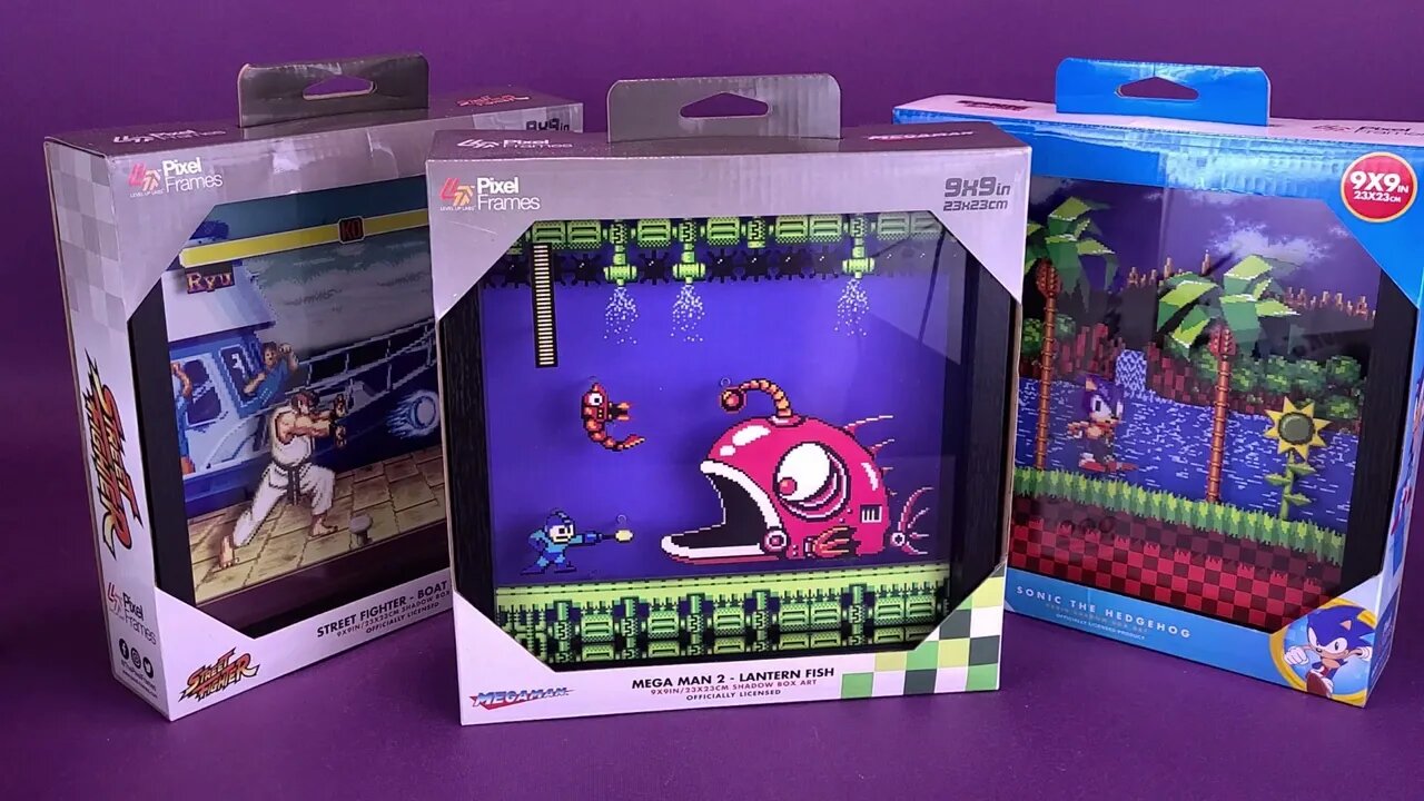 Level Up Labs Pixel frames Street Fighter, Mega Man and Sonic The Hedgehog Shadow Box Art