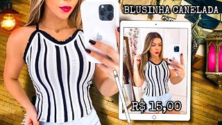 Blusinha Canelada com listras e alça dupla em X atrás!