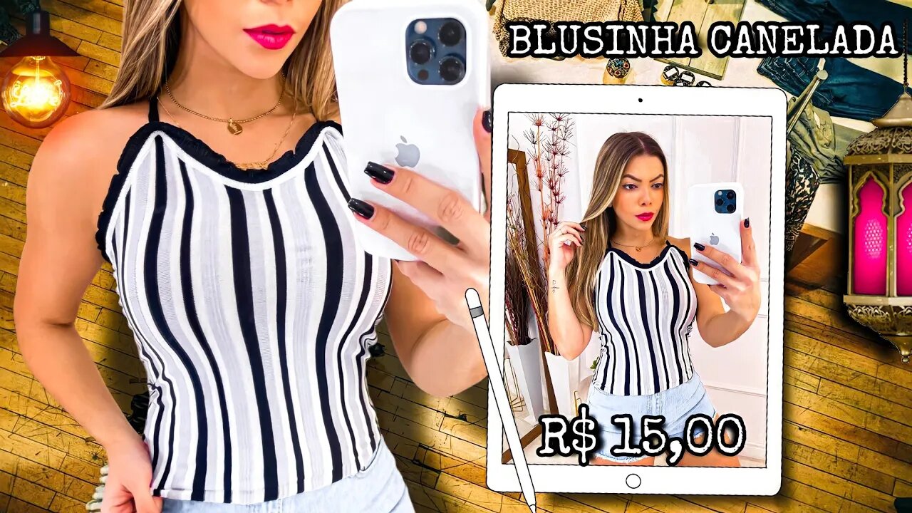 Blusinha Canelada com listras e alça dupla em X atrás!