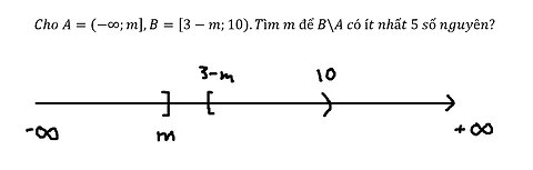 Toán 10: Cho A=(-∞;m],B=[3-m;10).Tìm m để B\A có ít nhất 5 số nguyên?