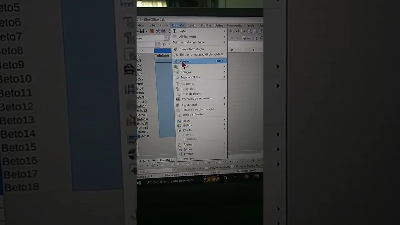 Formatando células com telefones no Libreoffice.
