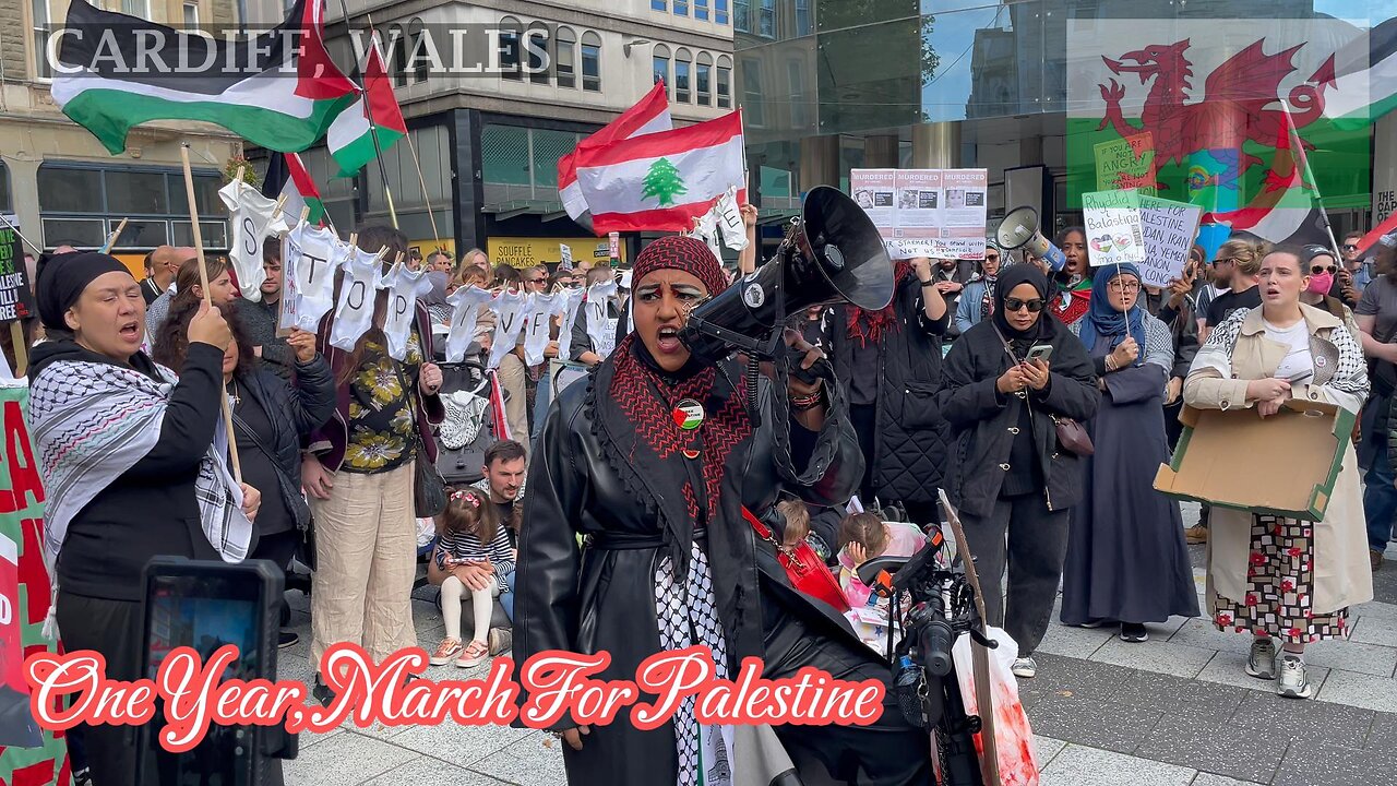 One Year, March For Palestine, Churchill Way, Cardiff South Wales - 1