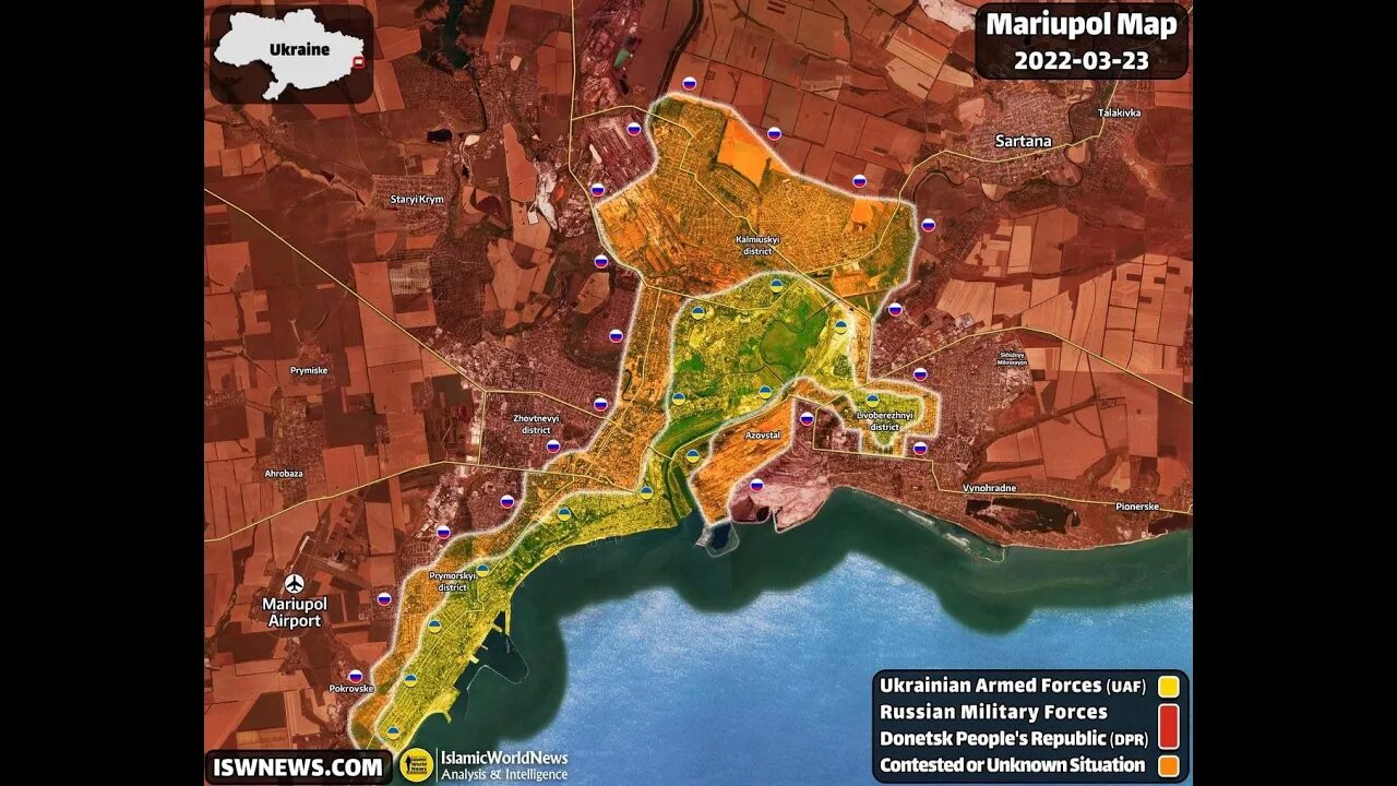(Map) recent: Mariupol about to fall, Azov getting annihilated. Chechen fighting smell victory kill.