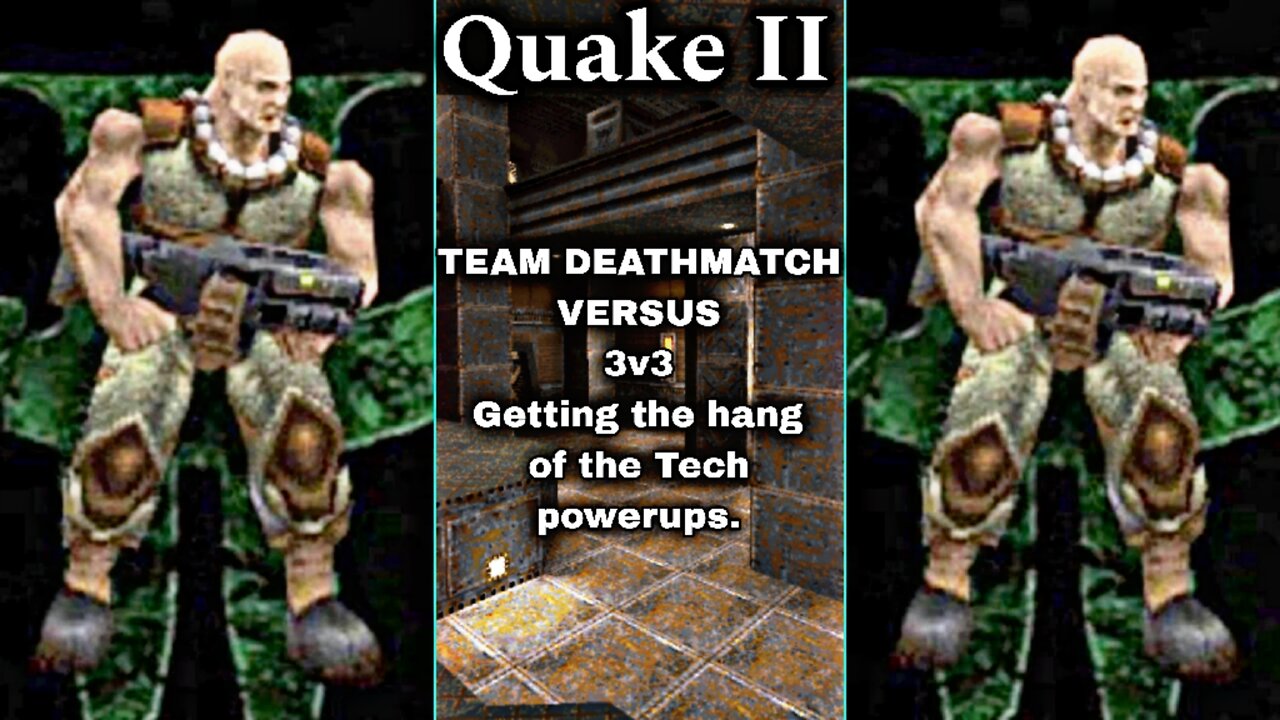 XB1X Quake II Remastered G5, 2P local splitscreen Team Deathmatch on Munitions Dump, Tech powerups.