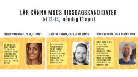 Lär känna MoDs riksdagskandidater, kl 13, måndag 18 april