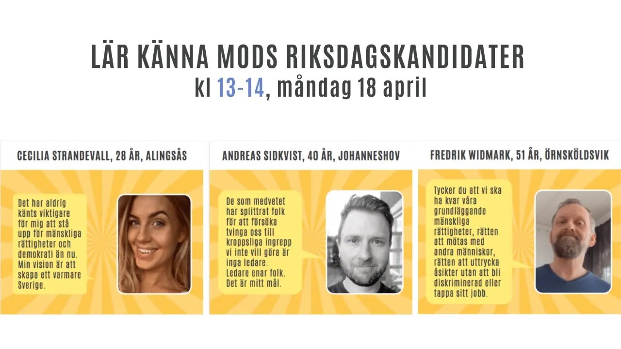 Lär känna MoDs riksdagskandidater, kl 13, måndag 18 april