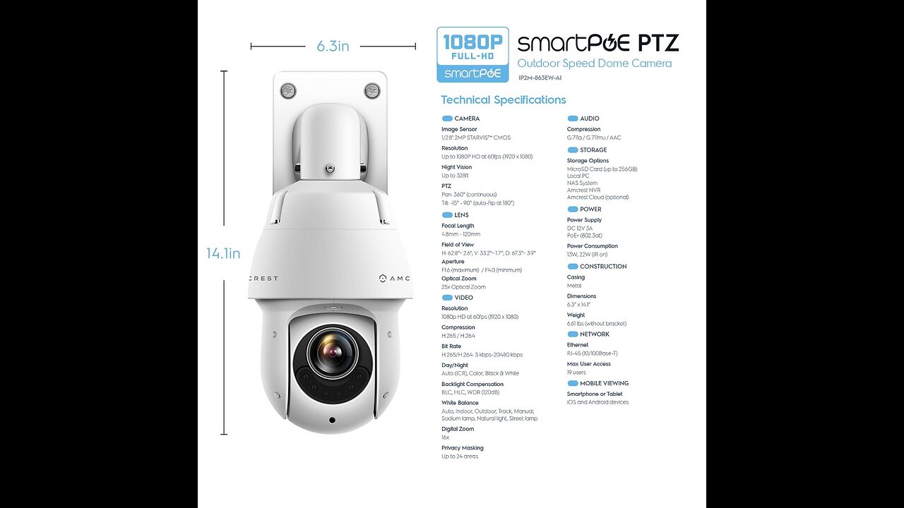 Amcrest 2MP Outdoor PTZ POE + IP Camera Pan Tilt Zoom (Optical 25x Motorized) ProHD POE+ Camera...