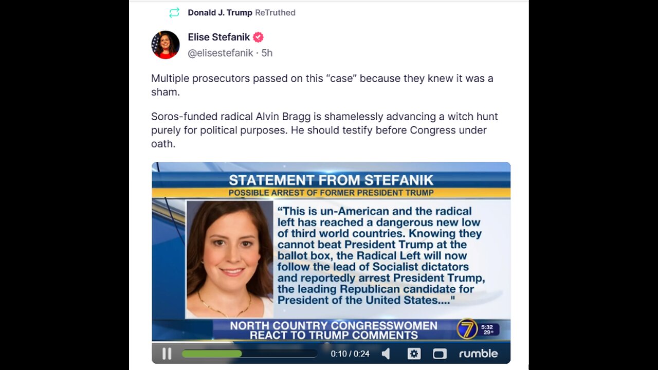 DJT ReTruthed Elise Stefanik Multiple prosecutors passed on this “case” because ...