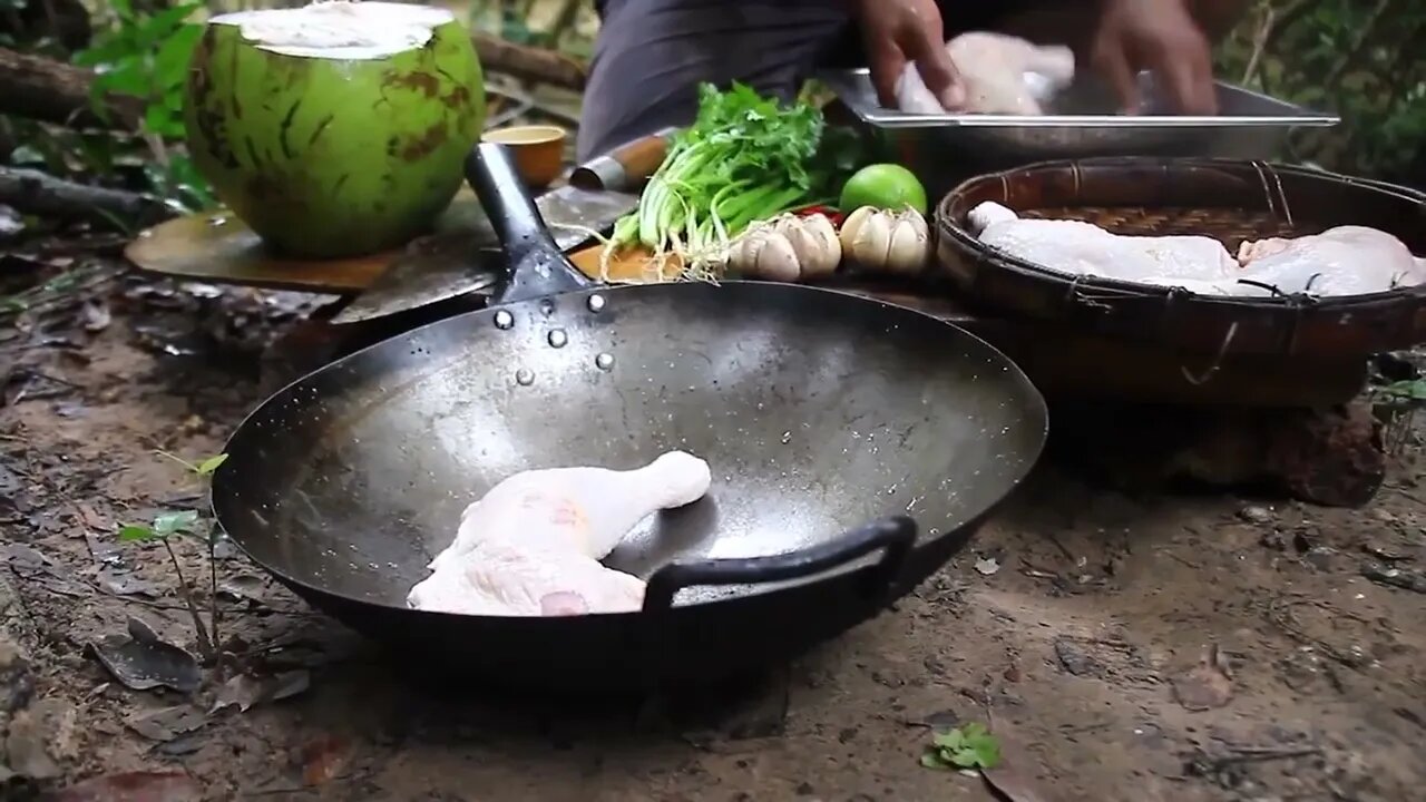 Cooking Coconut Chicken Leg Recipe eating so Yummy - Use Coconut water Cook Chicken Meat in F39 4