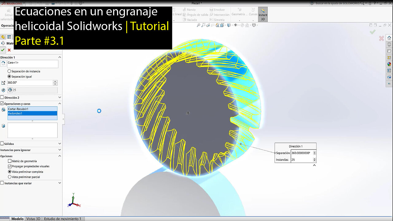 Equations in a helical gear Solidworks Tutorial