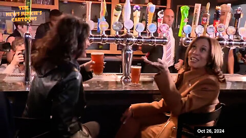 Democrat Kamala Harris, also known as vice president for 4 years, at a bar drinking beer, looking for male voters & saying "shit."