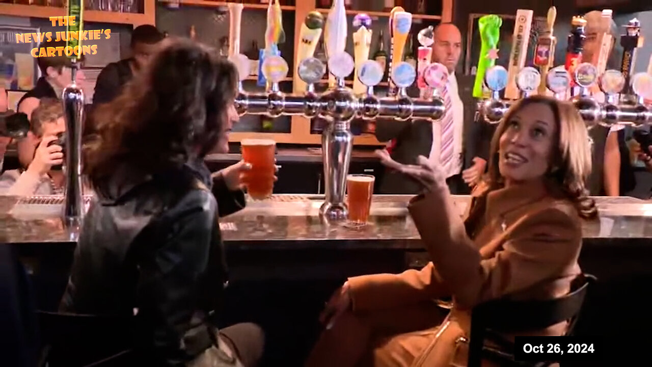 Democrat Kamala Harris, also known as vice president for 4 years, at a bar drinking beer, looking for male voters & saying "shit."