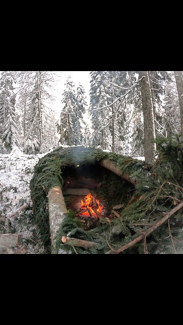 Survival Shelter, Winter Camping in Deep Snow, Outdoors Cooking