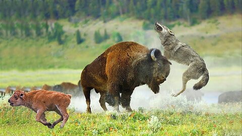 Watch a Mother Bison Defend Her Newborn Calf from a Pack of Wolves in Yellowstone