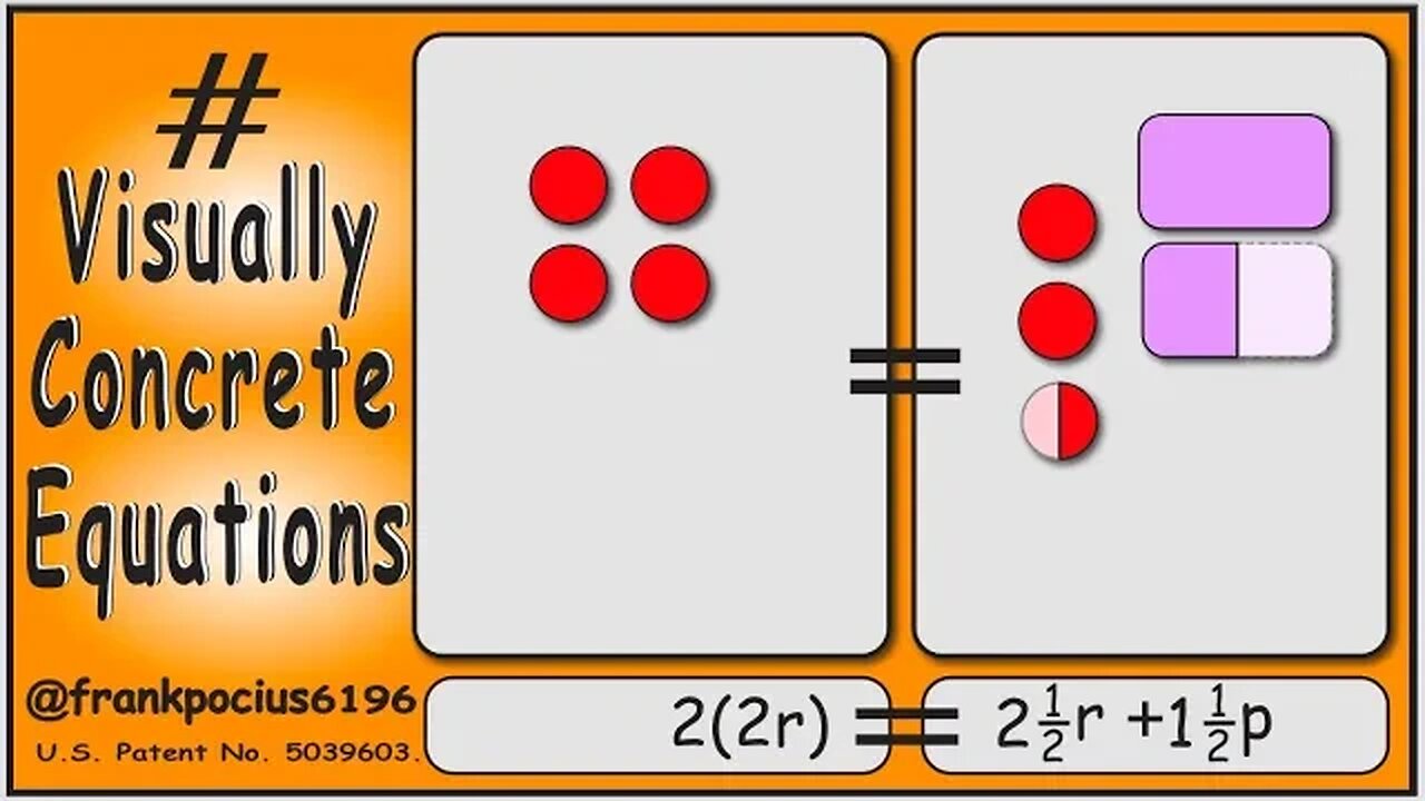 VISUAL EQUATION _ 2(2r) = 2 1/2 r +1 1/2 p _ SOLVING BASIC EQUATIONS _ SOLVING BASIC WORD PROBLEMS