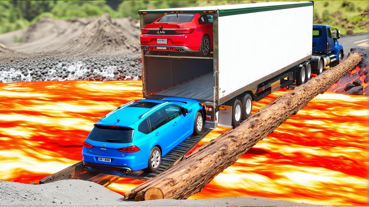 Trailer Truck Rescue Cars from a Lava River 🔥 IMPOSSIBLE Mission in BeamNG Drive