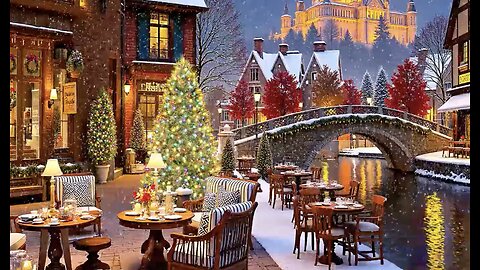 Relaxing Winter Jazz Snowfall at Outdoor Cafe Shop Ambience