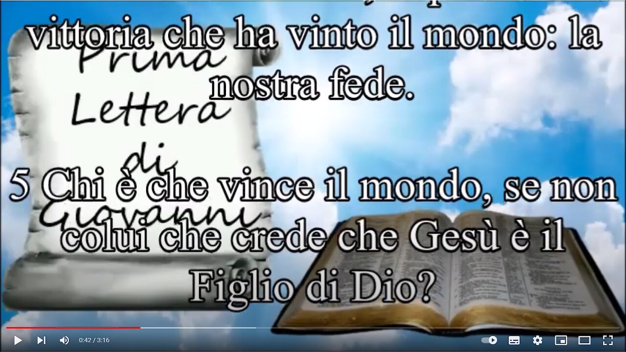 1 Giovanni ~ Capitolo 5 Poiché chi è nato da Dio vince il mondo e questa è la vittoria che ha vinto il mondo: la nostra fede Ma chi è colui che vince il mondo se non chi crede che Gesù è il Figlio di Dio? (io da solo ho vinto il mondo,ndr)