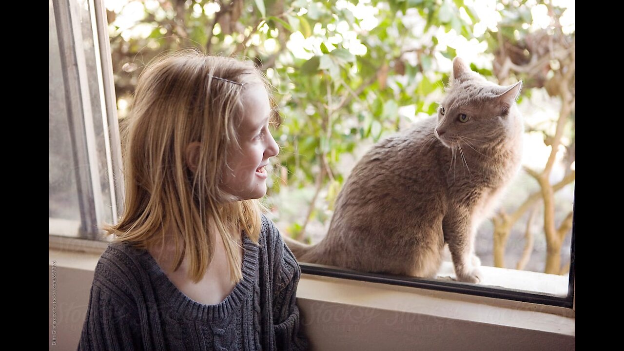 A girl looking at the cat