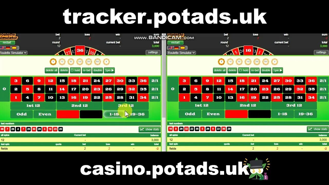 2 roulette tables betting patterns on dozens, left wheel breaking pattern, right wheel following