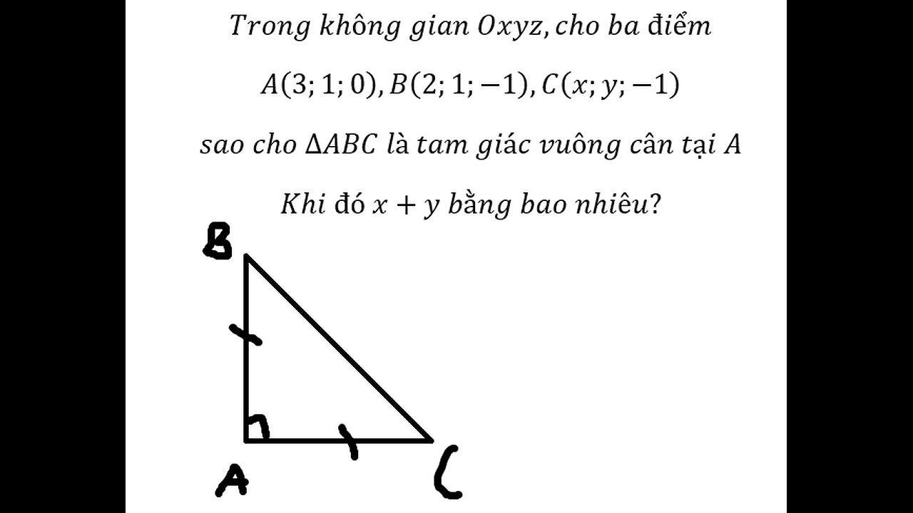 Trong không gian Oxyz,cho ba điểm A(3;1;0),B(2;1;-1),C(x;y;-1) sao cho ∆ABC