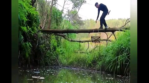 Survival Alone Build A House Hanging On A Fallen Tree Trunk