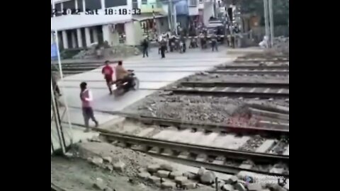 Crossing a blocked train track.