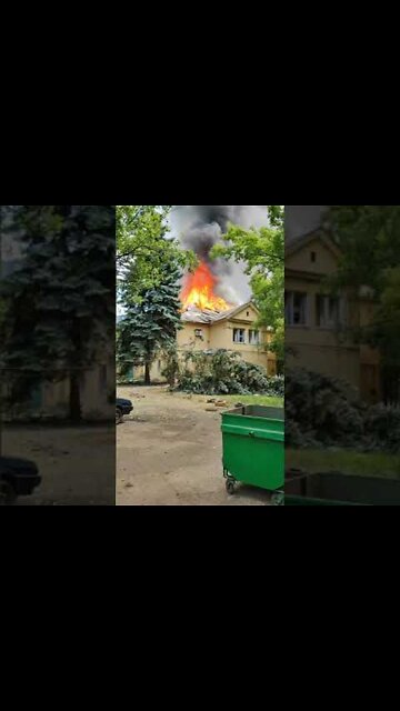 A house burns after one of many strikes on Donetsk city today