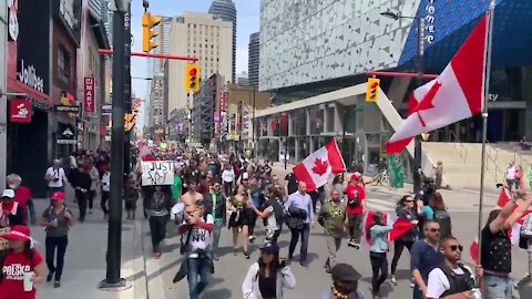Toronto, Canada April 24th 2021 " Freedom march " of Justin Trudeau Anti Lockdown Protests